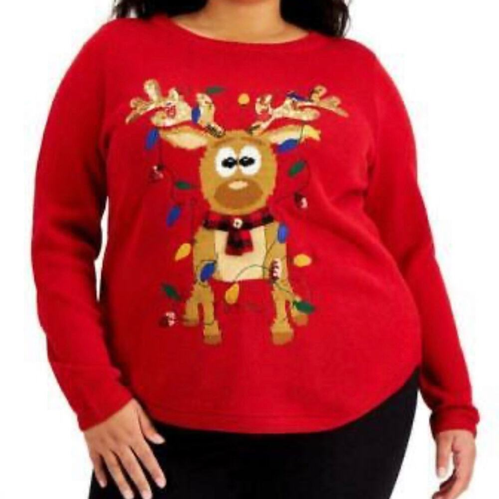 Karen Scott Women's Red Sequin/Bell Long Sleeve Reindeer Sweater